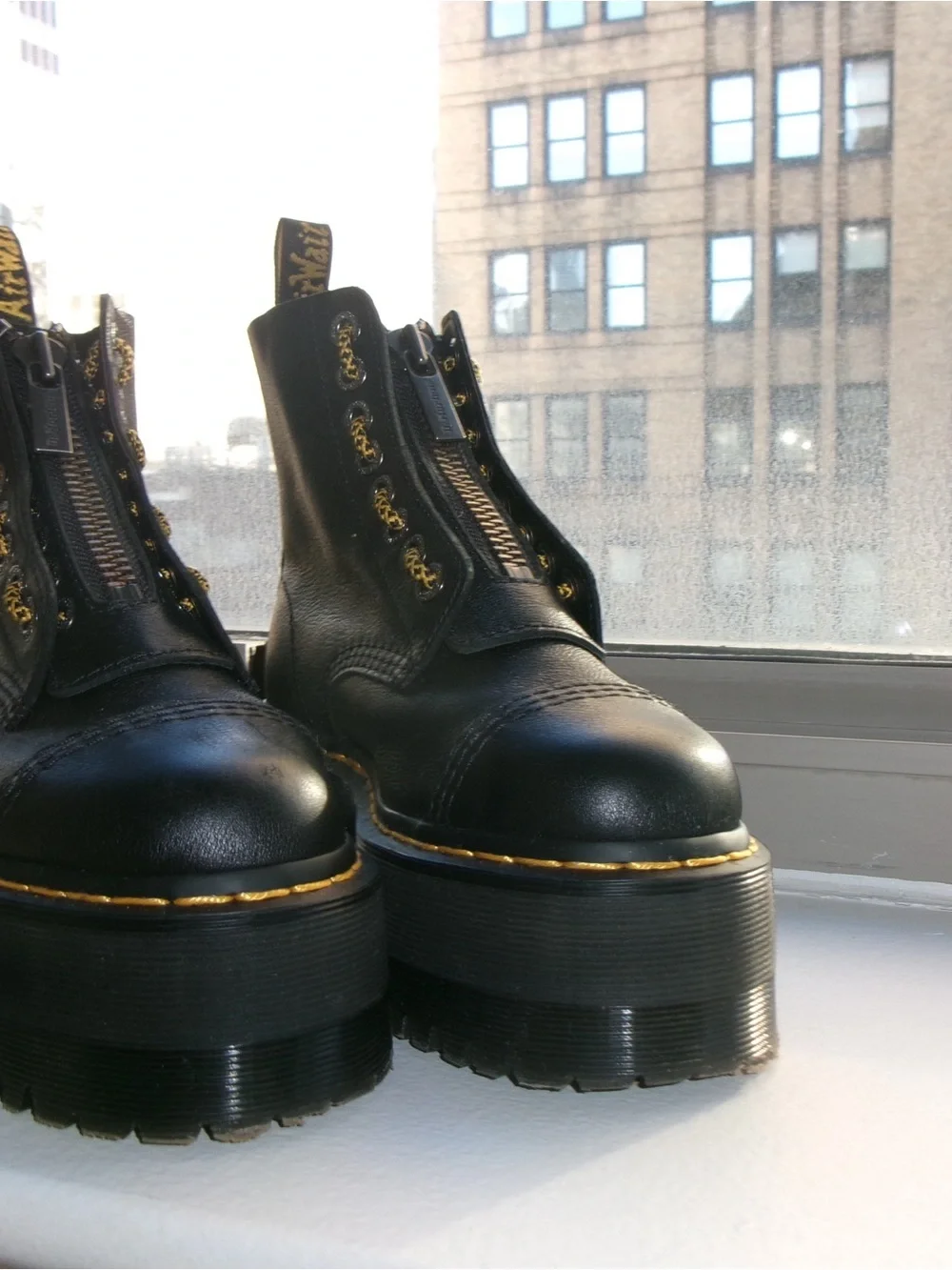 Dr. Martens Sinclair Black Leather Platform Ankle Boots with Yellow Stitching